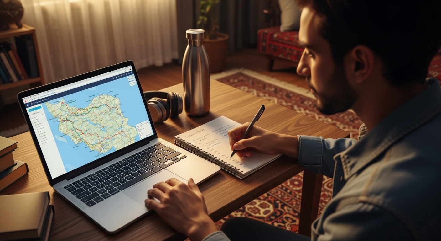 A hyper-realistic, wide-angle shot of a young Iranian traveler at home, thoughtfully planning a bus trip. On the screen of a modern laptop, a map with a highlighted route is visible. A notebook with a checklist, a reusable water bottle, and headphones are neatly arranged on the wooden desk. The scene is bathed in the warm, soft light of a late afternoon, creating a sense of calm and anticipation. Cinematic, detailed, travel-focused.