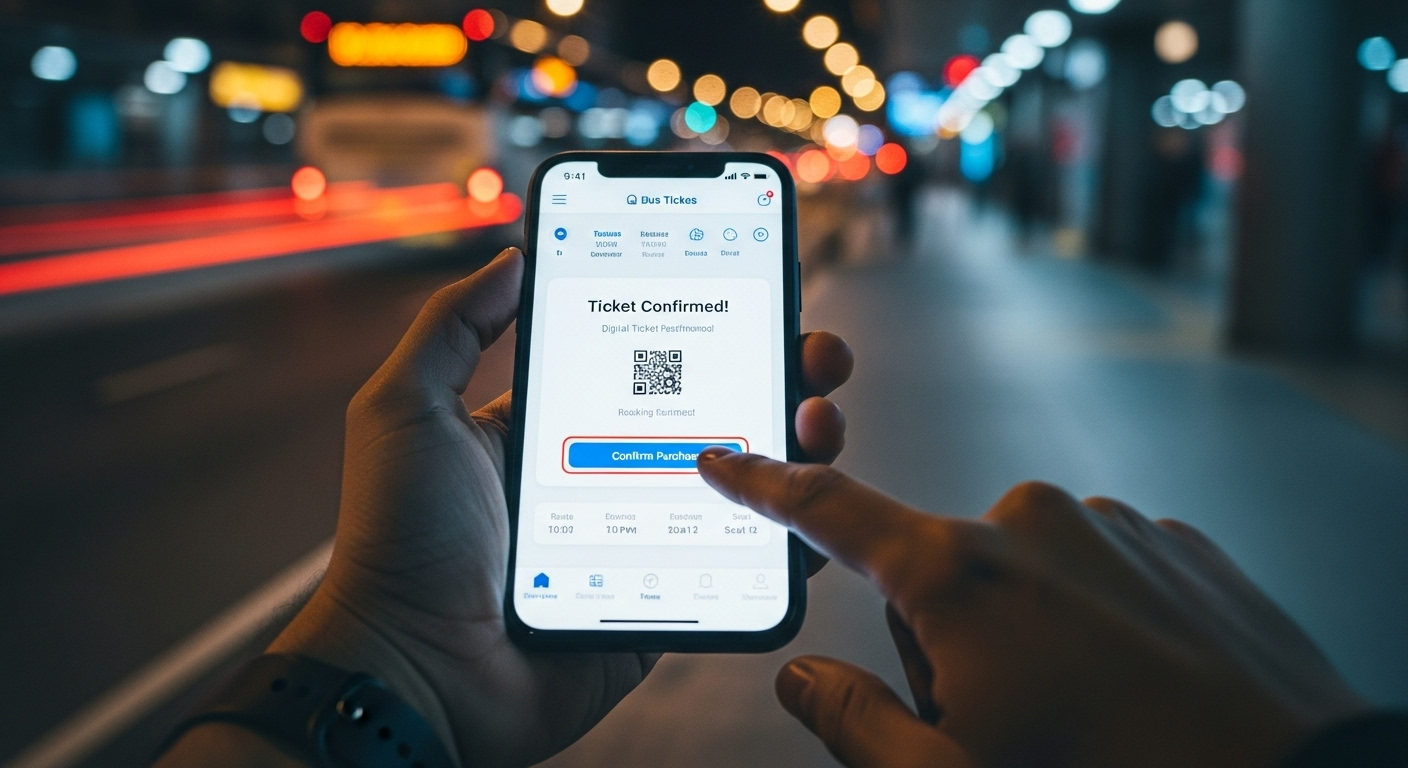 Cinematic close-up of a person's hand holding a smartphone, the screen displaying a user-friendly bus ticket booking app. In the background, the blurred, vibrant lights of a bustling bus terminal at night can be seen. The focus is sharp on the phone screen, which shows the final confirmation of a ticket purchase. The overall mood is modern, efficient, and slightly moody with a high-tech feel.