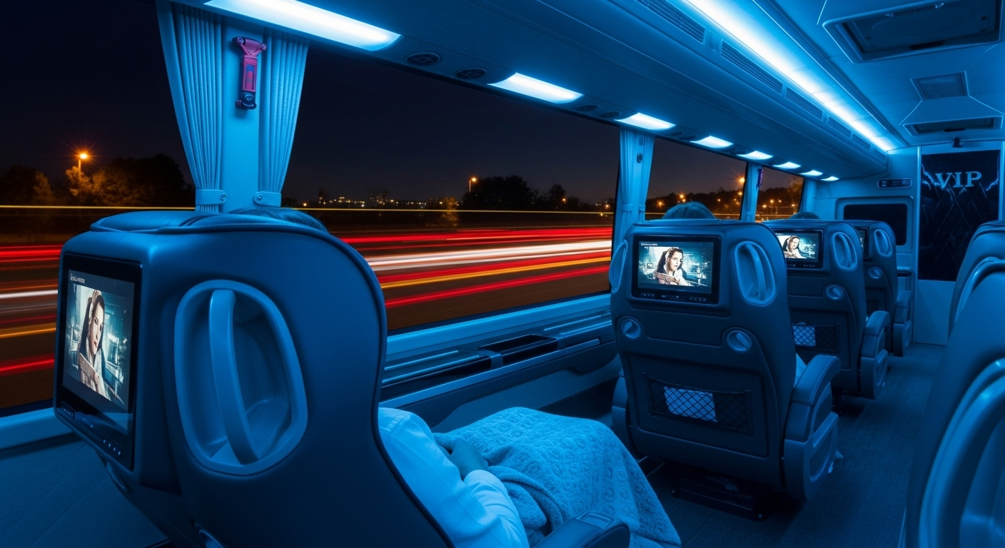 An interior shot of a modern, clean VIP bus at night. The cabin is dimly lit with cool blue ambient lighting. A passenger is comfortably reclined in a spacious, plush seat, covered with a soft blanket, watching a movie on the personal screen. The window next to them shows streaks of light from passing traffic, creating a sense of peaceful, non-stop motion. Serene, comfortable, luxurious.