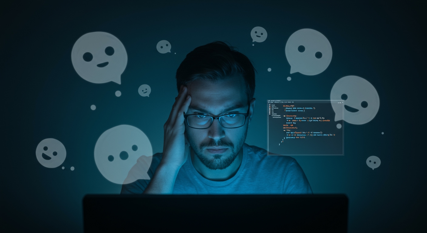 A programmer, looking slightly exasperated, stares at a screen displaying a cryptic error message. Around him, ghostly, semi-transparent representations of common testing mistakes (e.g., a tiny, unnoticed "edge case" floating in the corner, an overly simple test case) hover in the air. The lighting is soft but slightly melancholic, reflecting the frustration. Atmospheric, conceptual art, 4K.