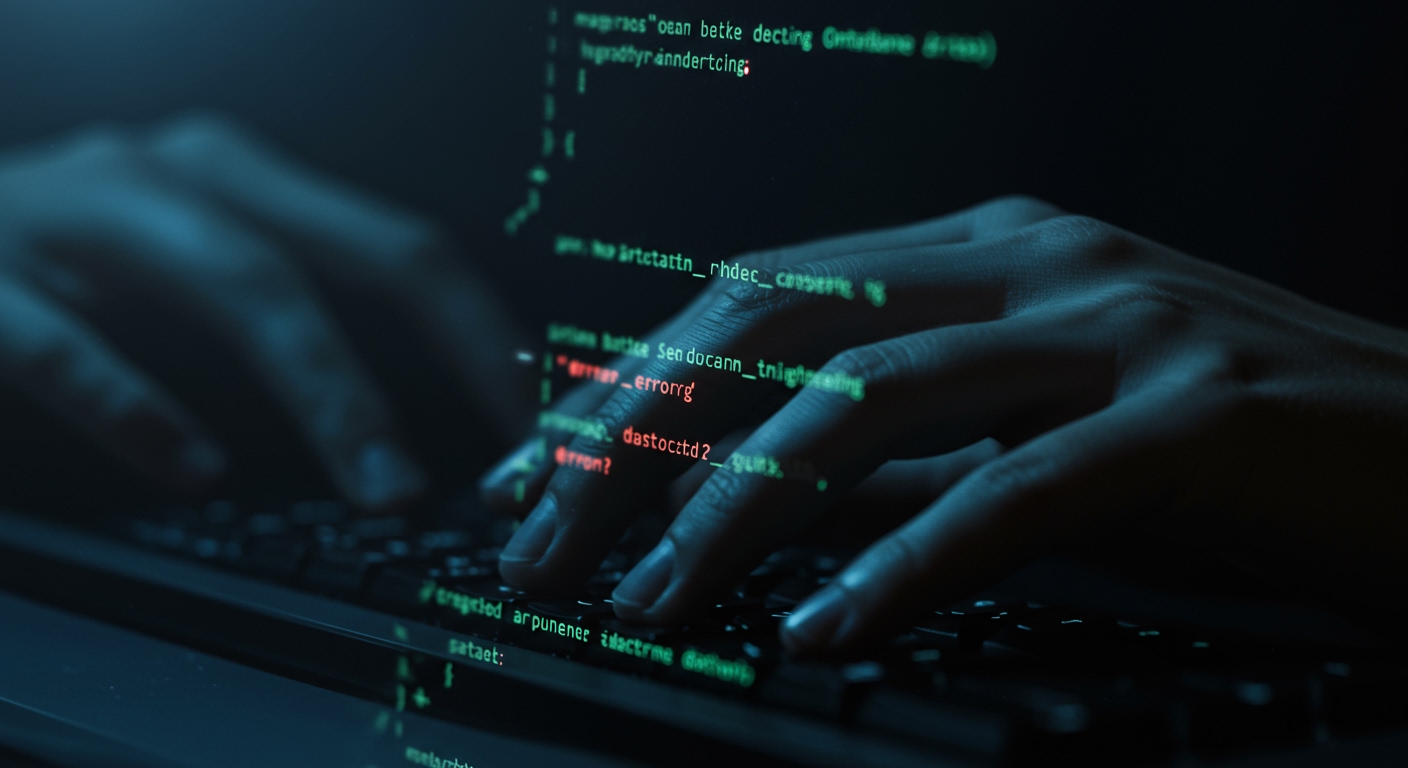 A close-up, dramatic shot of intricate lines of code on a glowing screen, highlighting a small, red error message blinking amidst the green and white text. A hand with neatly trimmed fingernails is poised over a keyboard, fingers slightly tensed. The background is blurred, suggesting a late-night coding session. Mysterious, tech noir style, 8K.