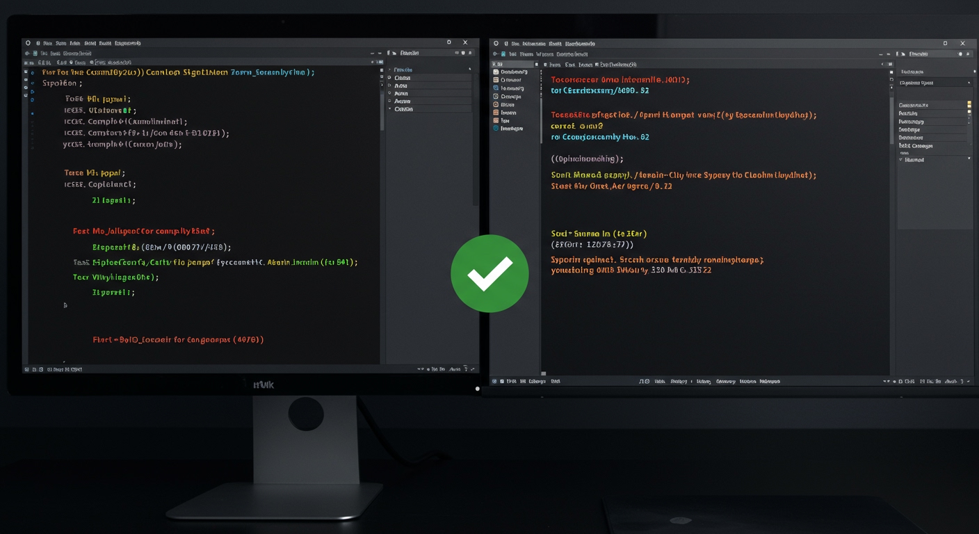 Two side-by-side terminal windows on a single monitor. The left window shows a fast, complex algorithm's output, while the right window shows a simpler, brute-force algorithm's output for the same input. A green checkmark icon is subtly overlaid, indicating a successful comparison. The overall scene is clean and minimalist, with a focus on problem-solving. Clean, professional tech photography, 4K.
