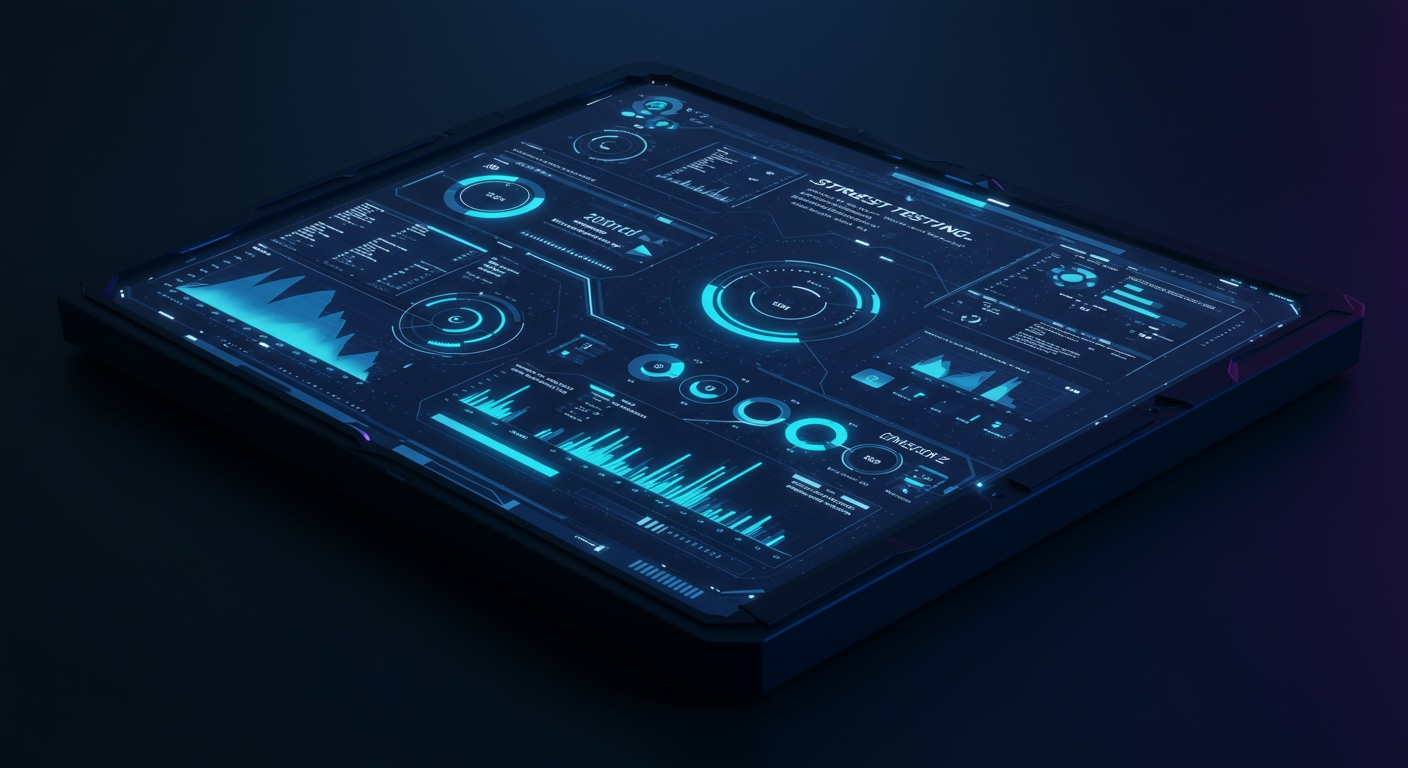 A futuristic, sleek console displaying a sophisticated GUI for automated stress testing. Data visualizations, progress bars, and lines of code are meticulously arranged. A subtle glow emanates from the screen, illuminating the dark, metallic surface of the console. High-tech, sci-fi aesthetic, 4K, deep blues and purples.