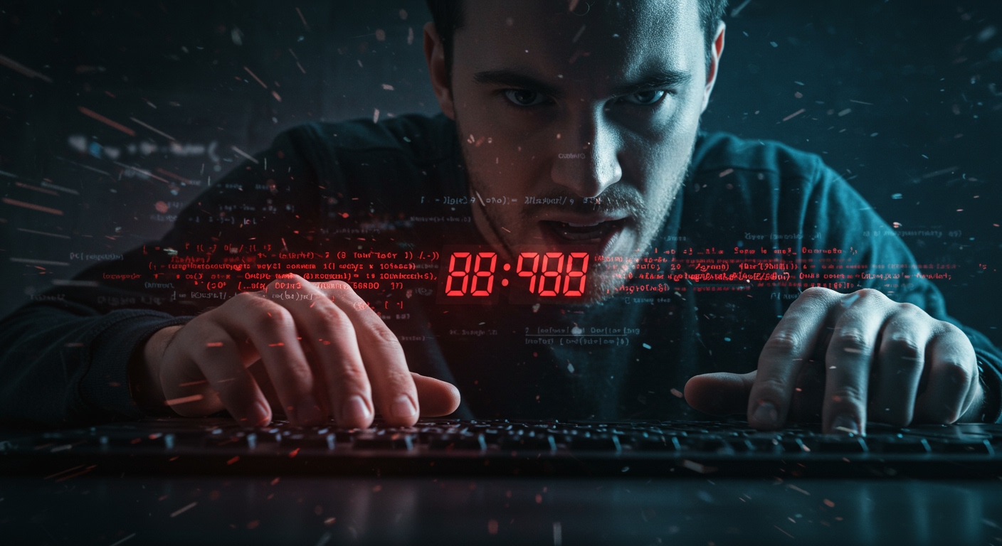 A digital clock counting down rapidly, projected onto a programmer's intense face. His fingers fly across the keyboard, indicating a race against time. The background is a blur of complex algorithms, symbolizing efficient resource management. Dynamic, energetic, high-contrast lighting, 4K.