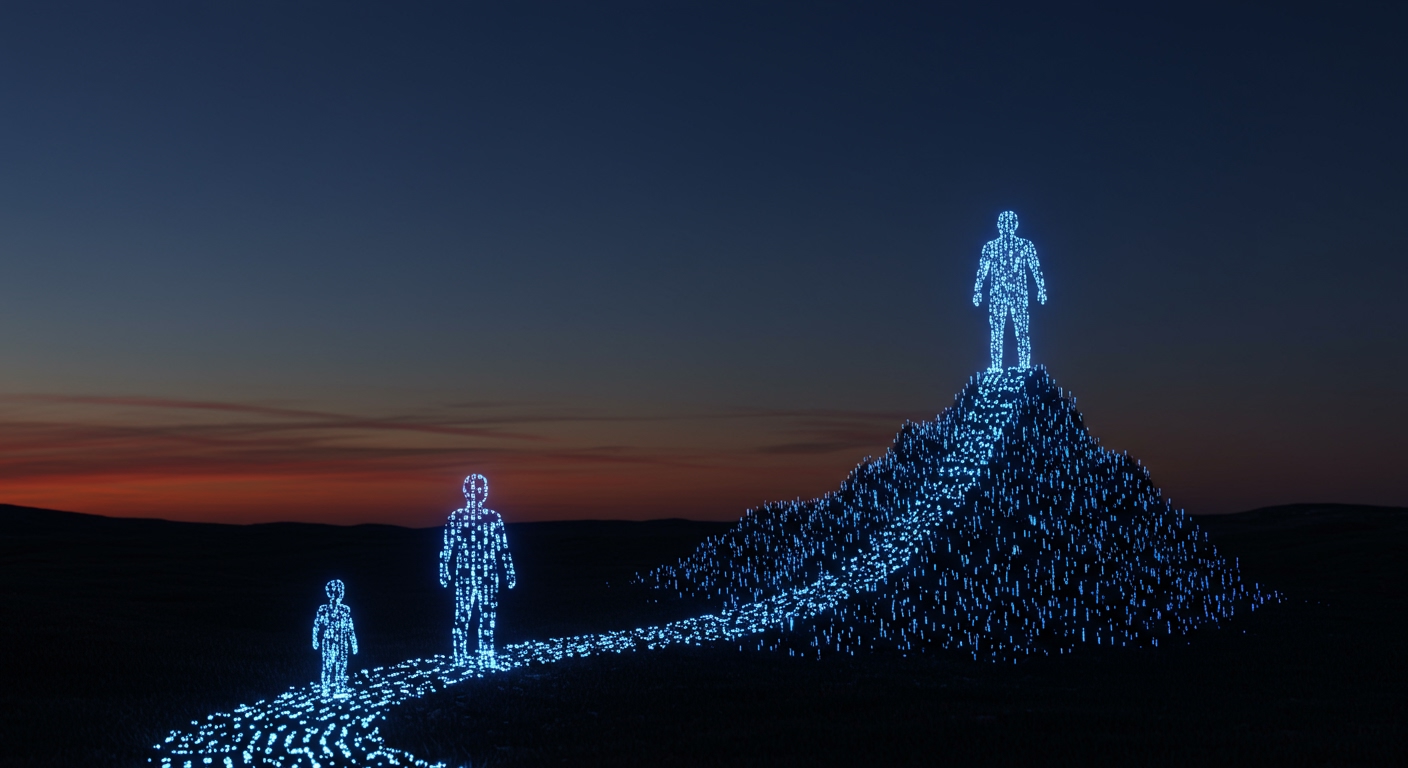 A journey depicted as a series of glowing footsteps on a winding path made of code lines, starting from a small, hesitant figure and ending at a confident, larger figure standing atop a mountain of data. The background is a twilight sky, symbolizing growth and aspiration. Stylized, conceptual art, 8K.