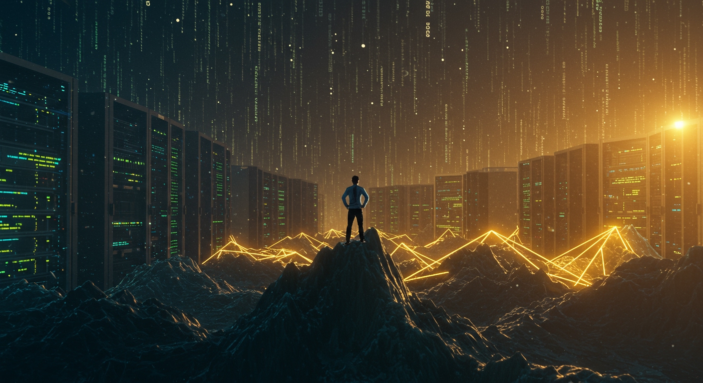 A lone programmer stands confidently atop a digital mountain peak, looking out over a vast landscape of glowing server racks and code lines. His posture is strong and determined, a subtle aura of self-assurance around him. The lighting is golden, like a sunrise, symbolizing triumph and clarity. Epic, inspirational, digital art, 4K.