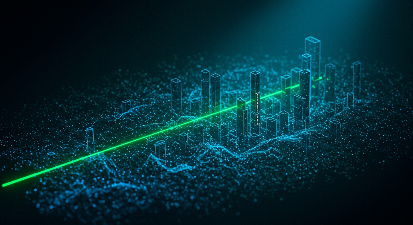 A stylized, futuristic cityscape built from interconnected nodes and glowing lines, resembling a complex algorithm. A single, focused laser beam (representing a test) meticulously scans the intricate structure, looking for vulnerabilities. The color palette is cool blues and greens, hinting at logical precision. Abstract, cyber-geometric, 8K.